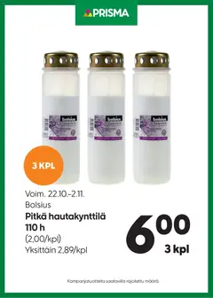 Esikatselu Prisma tarjoukset Bolsius hautakynttilät voimassa alkaen 22/10/2025