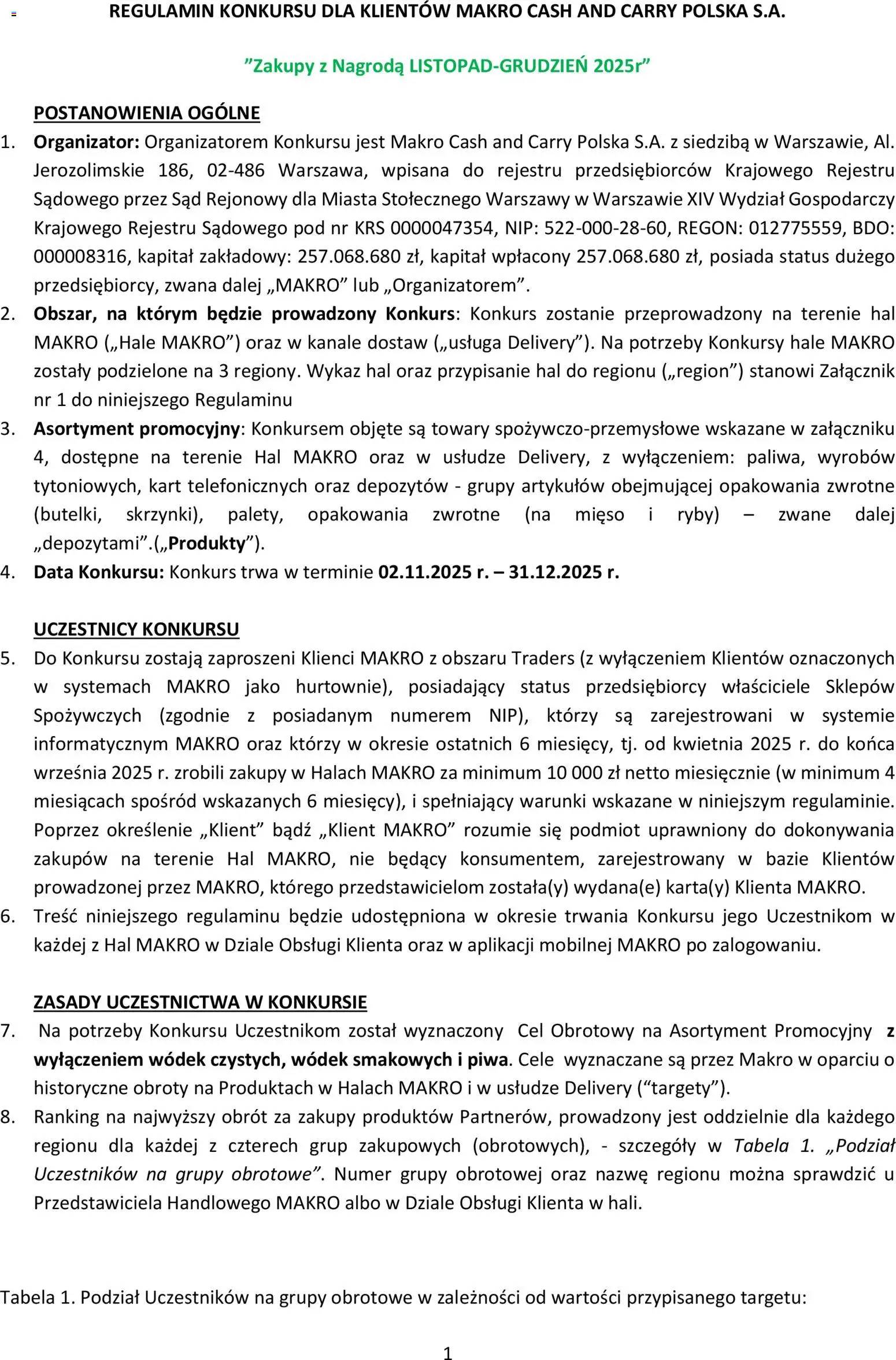 Makro Gazetka - Regulamin konkursu zakupy z nagrodą - strona 1- ważny od 02.11.2025