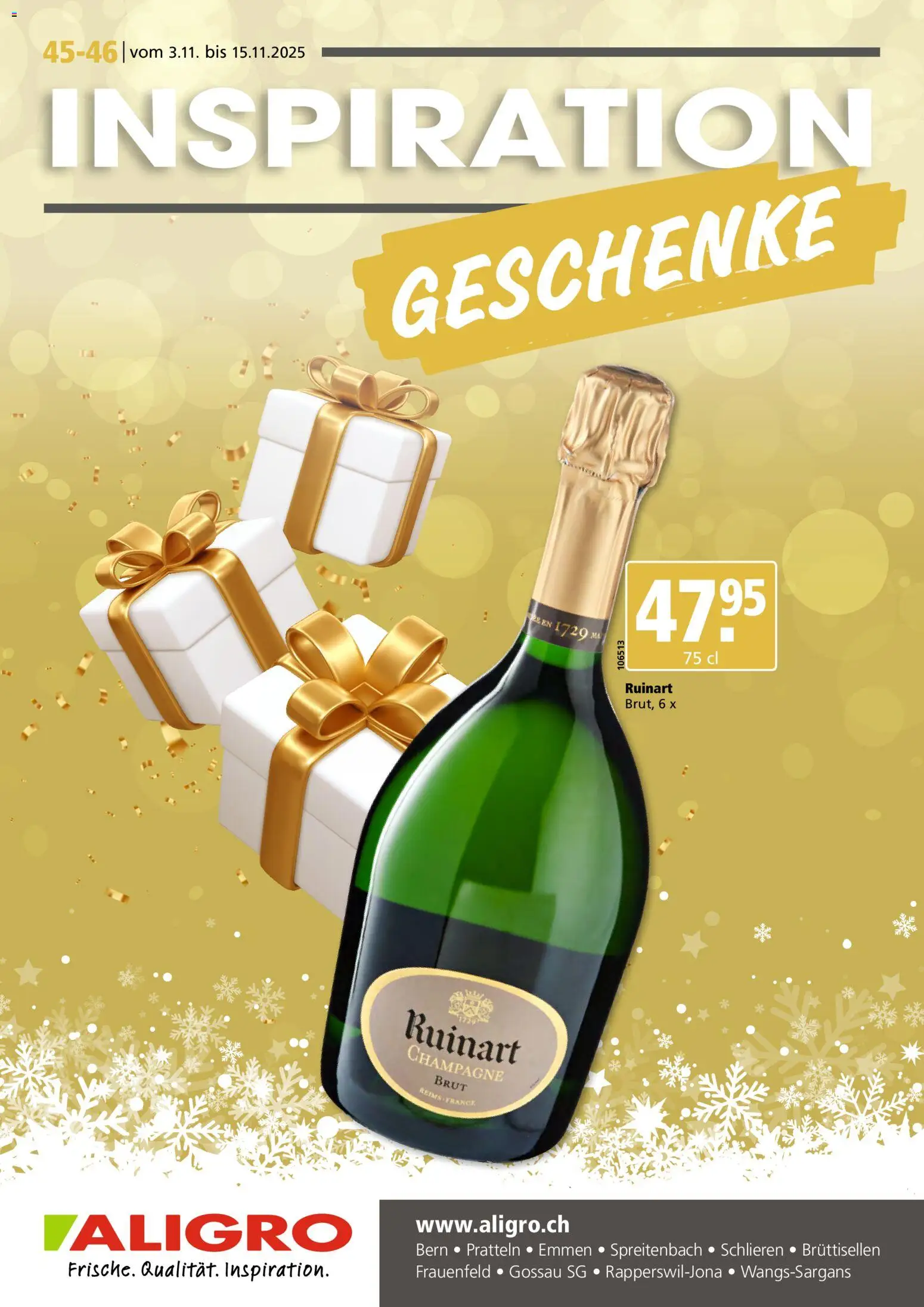 Aligro Aktionen Geschenke Schlieren, Gossau SG, Frauenfeld, Rapperswil-Jona, Sargans, Bern, Brüttisellen, Pratteln, Emmen, Spreitenbach - Seite 1- gültig ab 03.11.2025