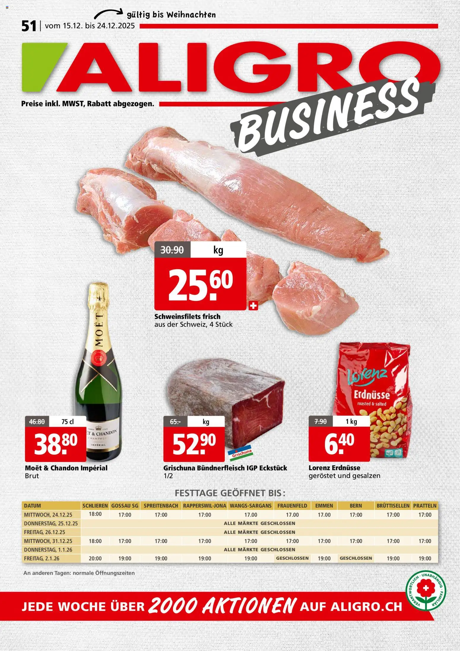 Aligro Aktionen Business Schlieren, Gossau SG, Frauenfeld, Rapperswil-Jona, Sargans, Bern, Brüttisellen, Pratteln, Emmen, Spreitenbach - Seite 1- gültig ab 15.12.2025