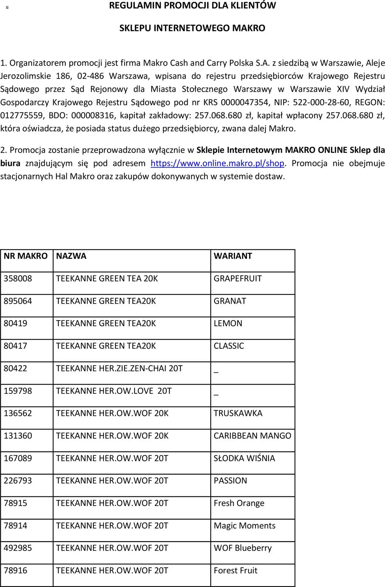 Makro Gazetka - Regulamin akcji Teekanne - strona 1- ważny od 14.10.2025