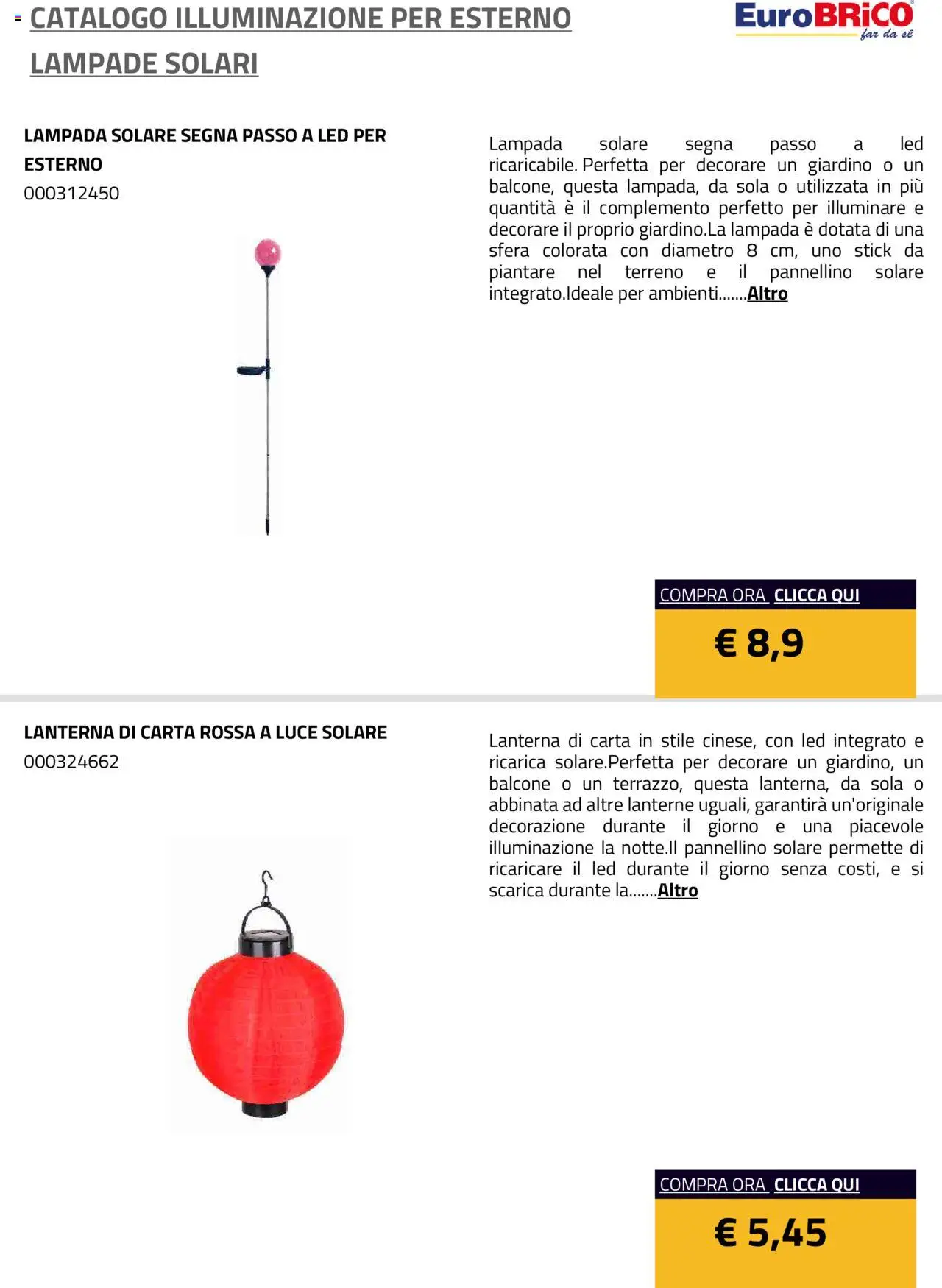 Eurobrico Illuminazione da esterno Lampade Solari catalogo - pagina 2 - valido dal 23/07/2025